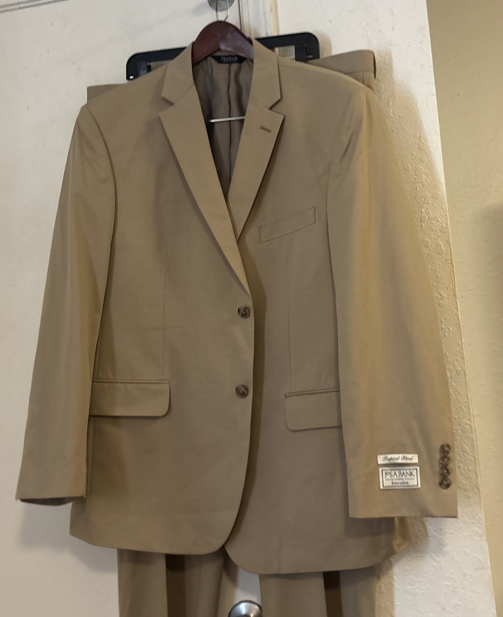 New Jos A Bank Khaki Cotton Blend Tropical Summer Suit 46 R Reg Flat Pants