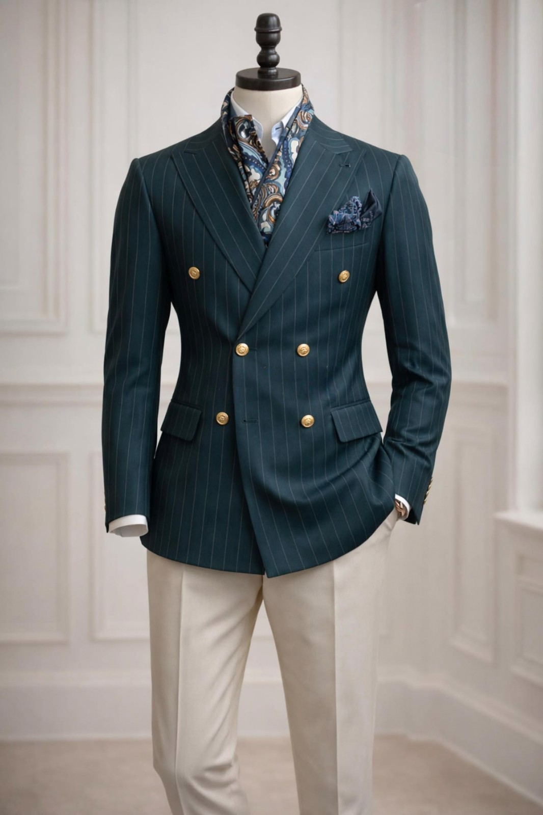 Men Teal Pinstripe DB Slim Wool Suit Peak Lapel Wedding Custom Trousers