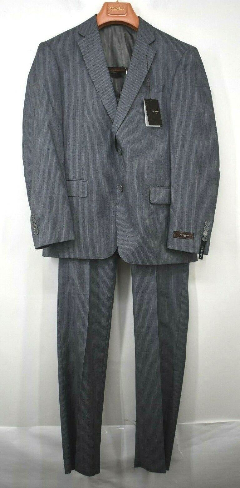 Vitarelli Men Gray Stripe Jacket Vest Unhemmed Pants 3-Piece Suit 38S/38 X 32