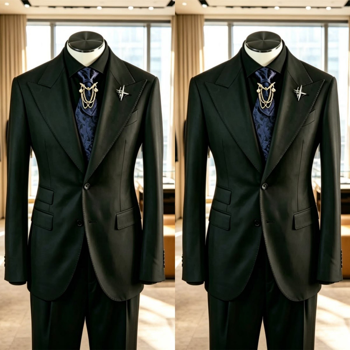 Black 2Pcs Men’s Suits Wide Peak Lapel Jacket Slim Fit Business Formal Coat