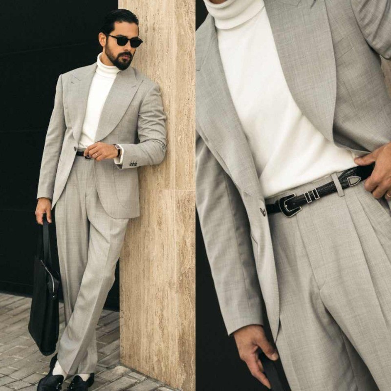 Summer Men’s Gray Wide Lapel Single Breasted Suit Business Office 2 Pieces