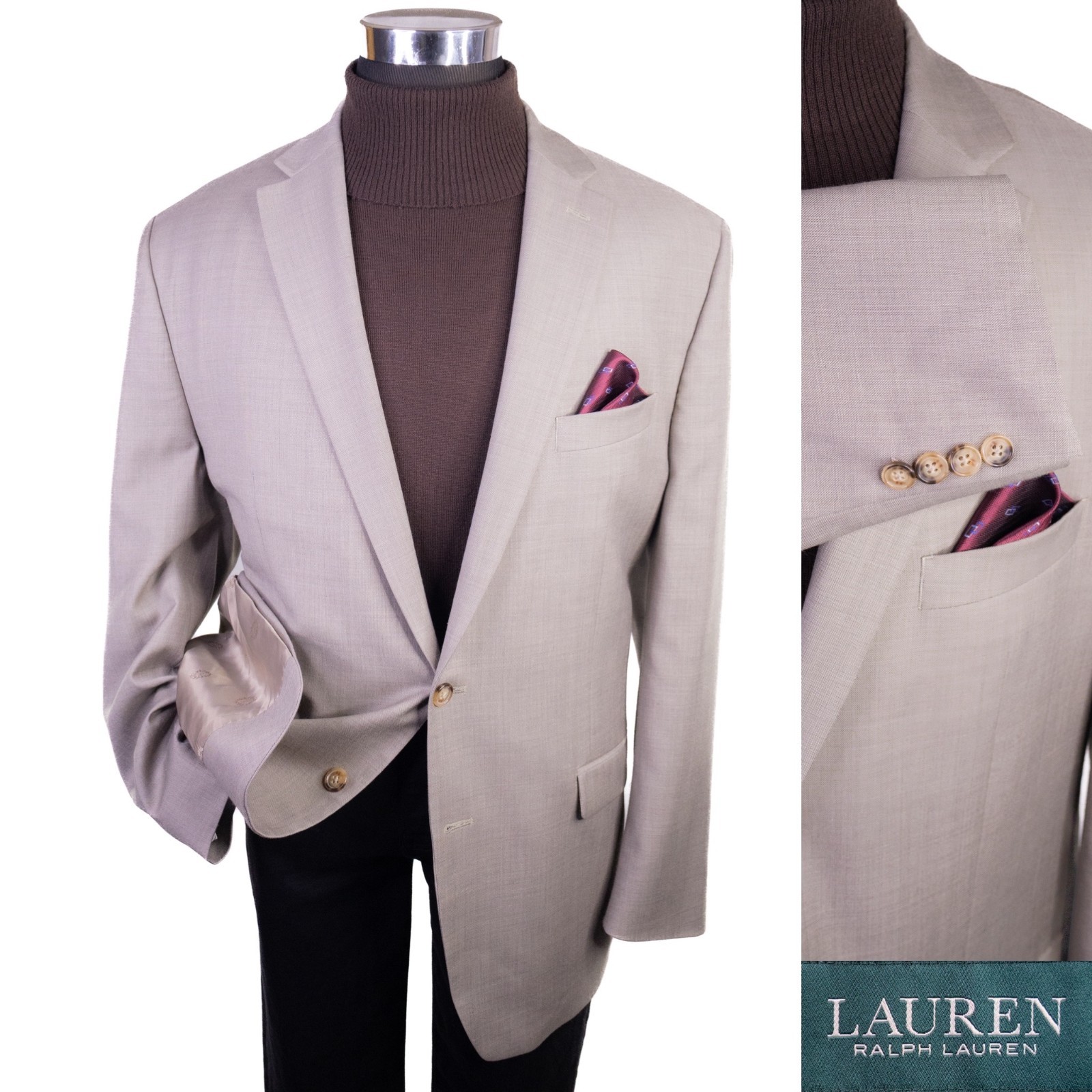 Ralph Lauren Solid Beige Suit Jacket Sport Coat Blazer Two Button Sz 48L Wool