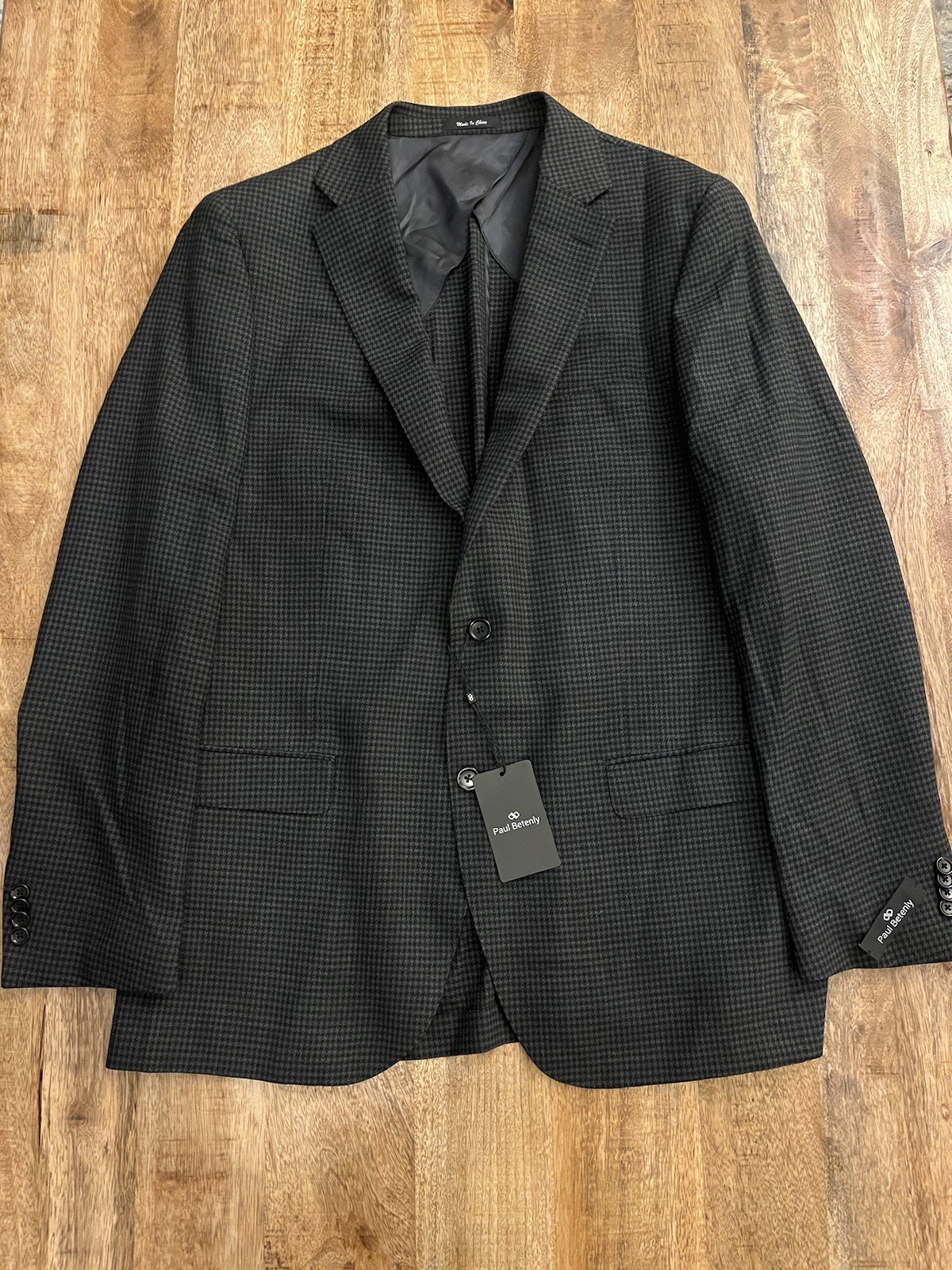 NWT Paul Betenly 44L Kevin Sport Coat Navy Olive Plaid Filarte Wool Stretch