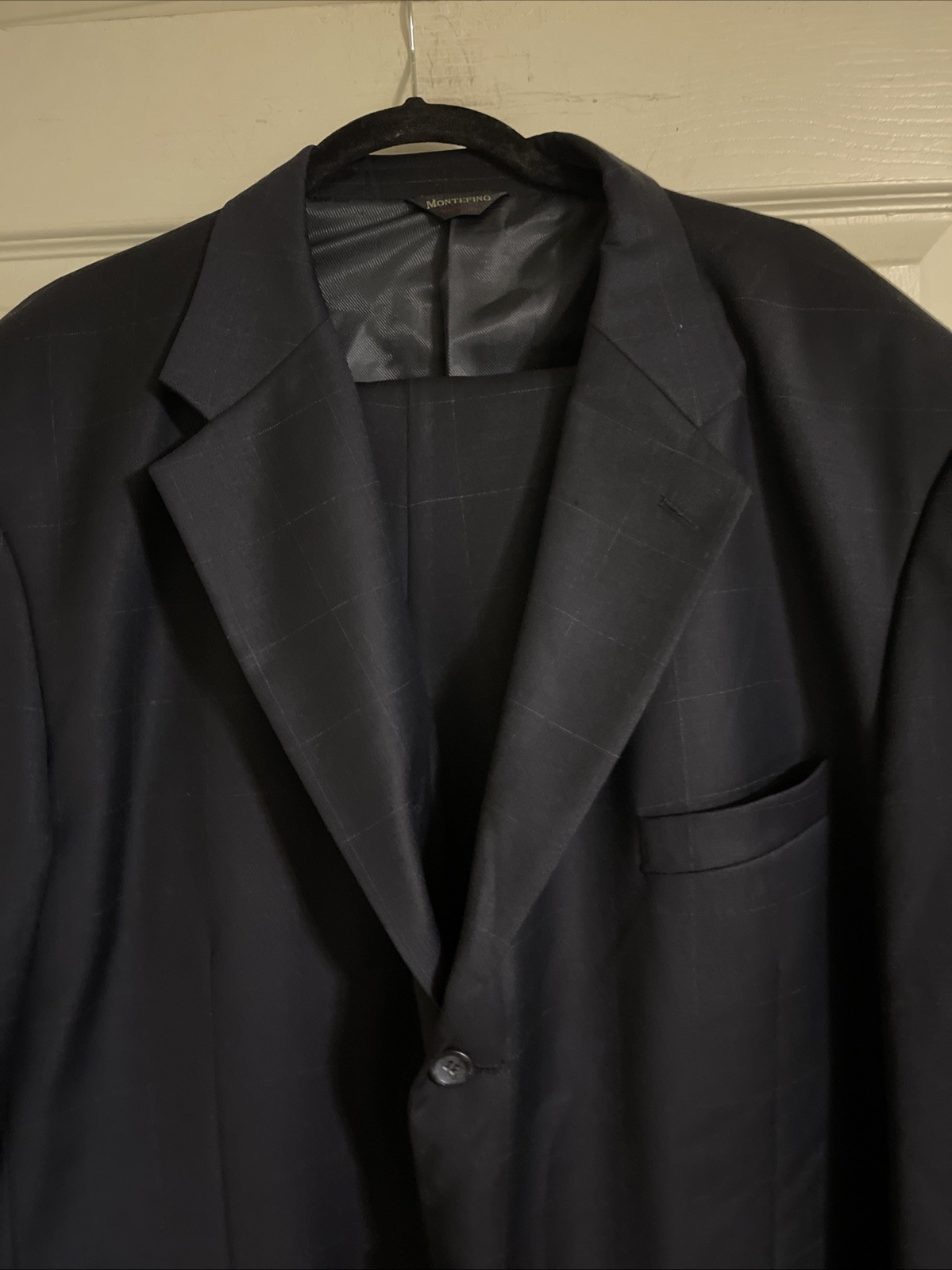 Montefino Uomo Suit Men’s 52L 2Pc Navy Blue Windowpane 100% Merino Wool 3-Button