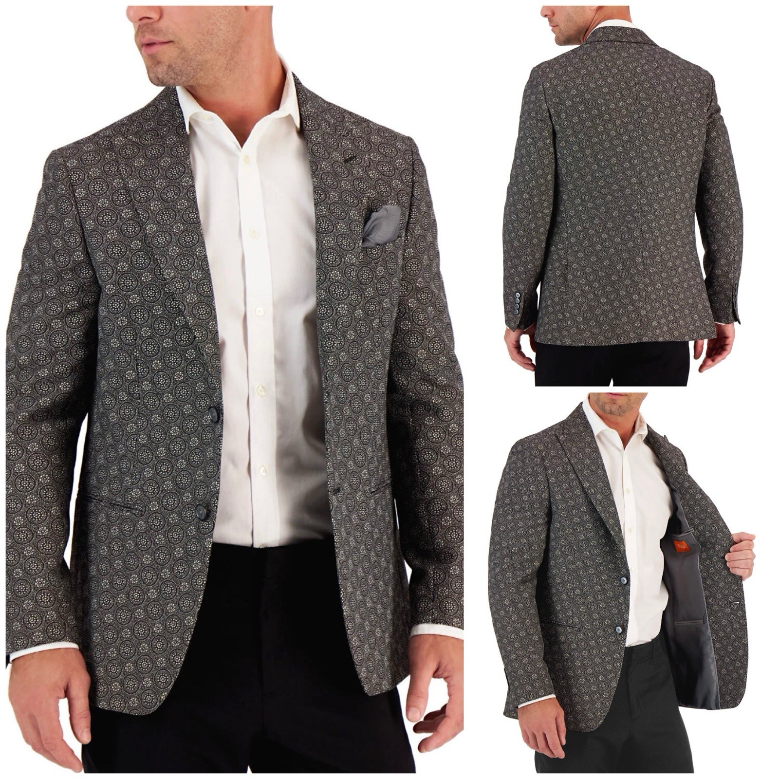 Tallia Mens Slim Fit Metallic Black Gold & Silver Medallion Sport Coats 38R