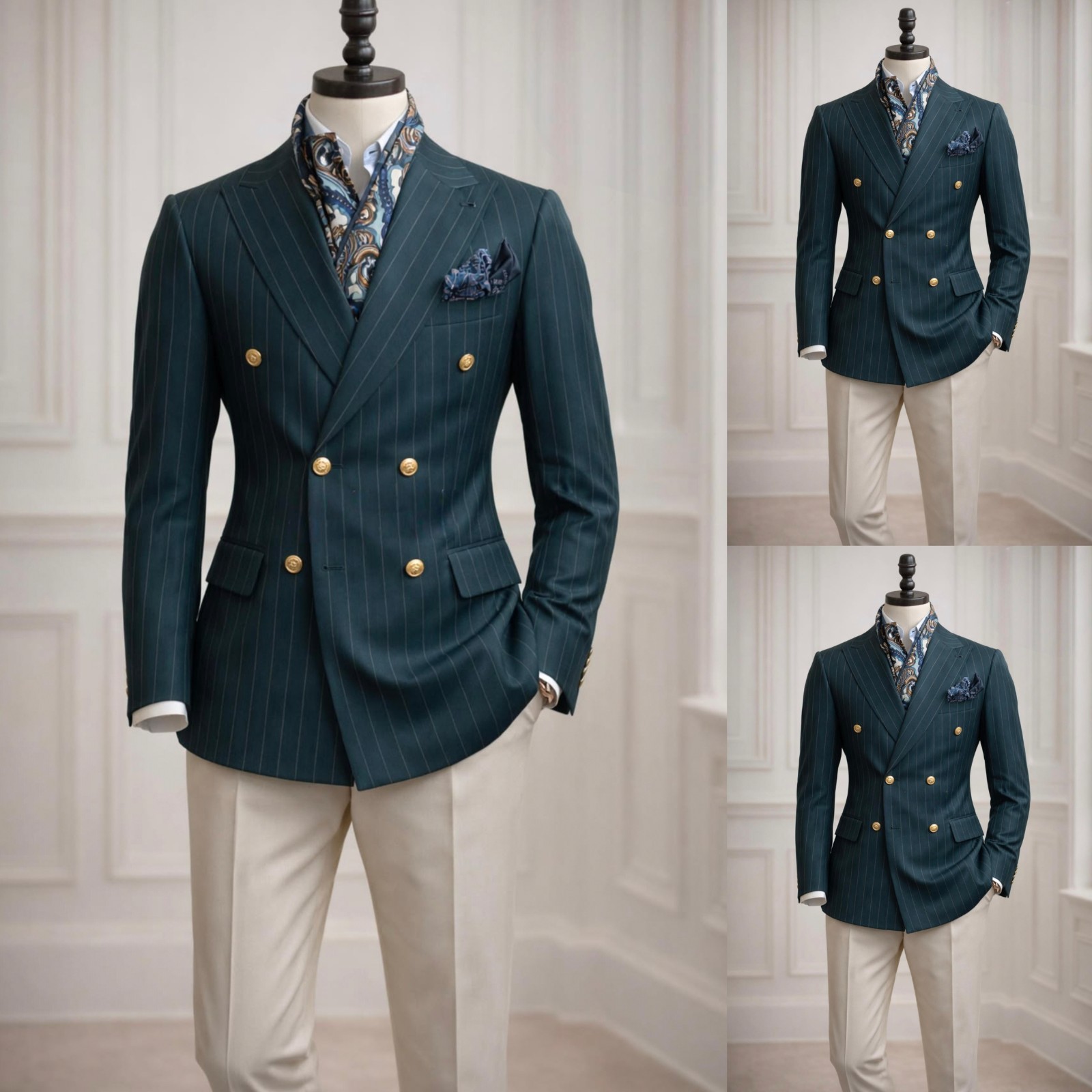 Men Teal Pinstripe DB Slim Wool Suit Peak Lapel Wedding Custom Trousers