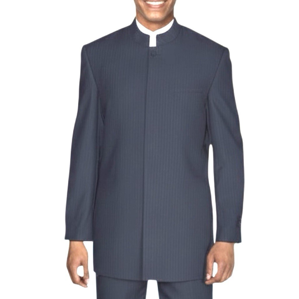 FALCONE Mid Length Clergy Blazer Men’s 52R Blue Jacquard Striped Mandarin Collar