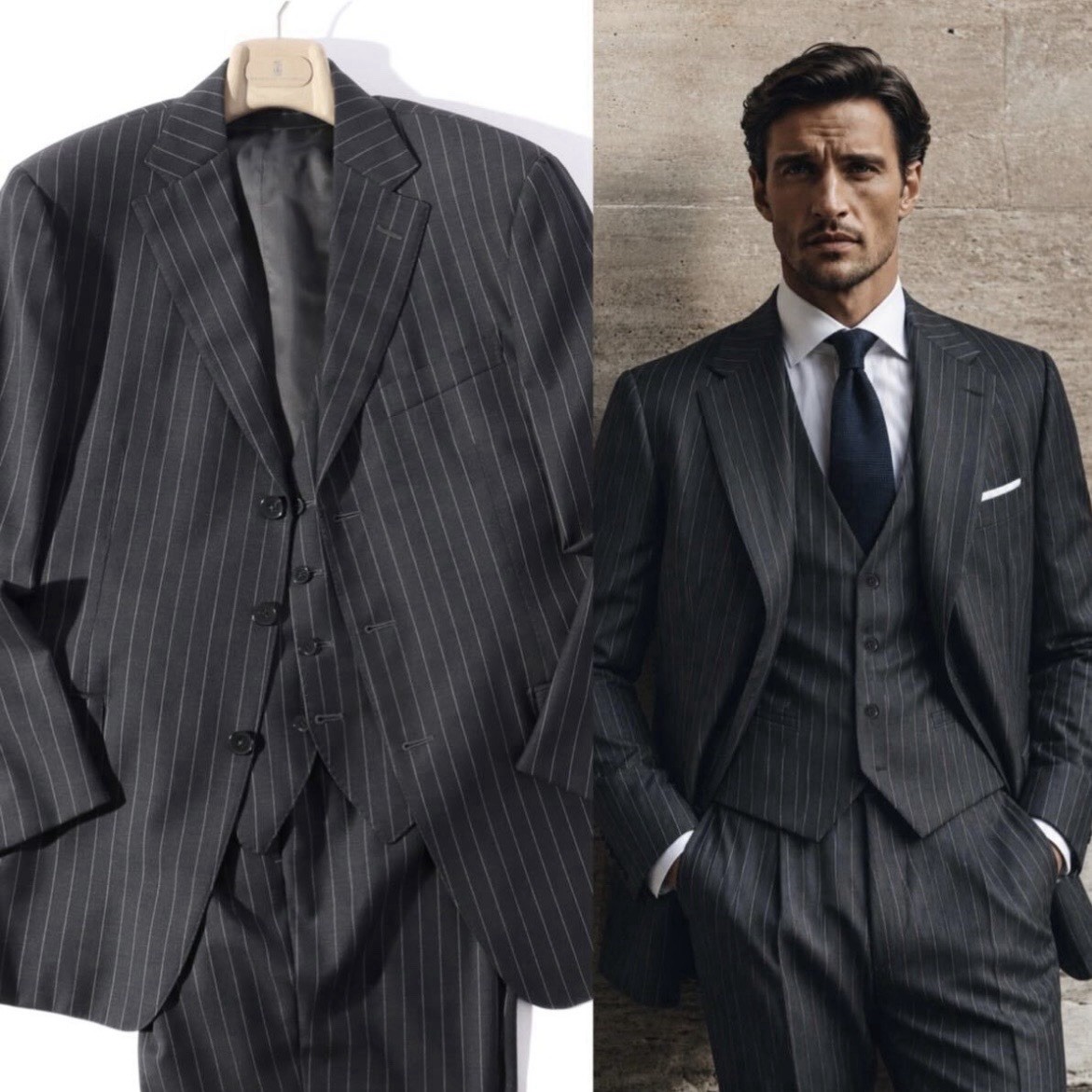 Ermenegildo Zegna 3 Piece Suit Charcoal Pinstripe Wool Switzerland 50 XL
