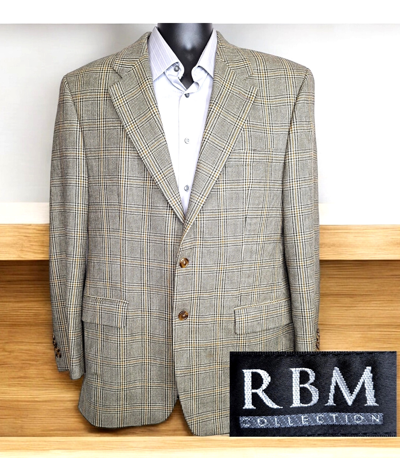 RBM Collection Jacket Blazer Mens 42L Beige Plaid Lambswool