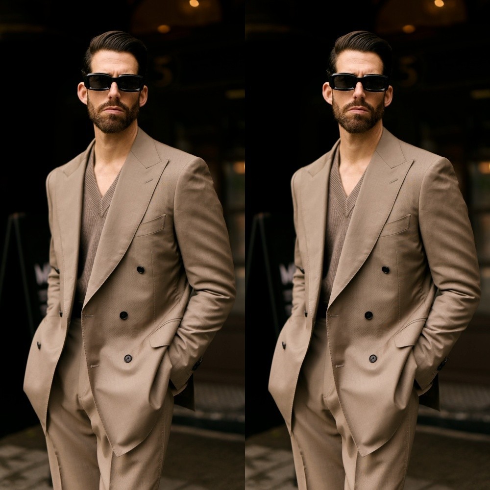 Classic Khaki Men Suit Formal Business Wide Peak Lapel Tuxedo Blazer Wedding