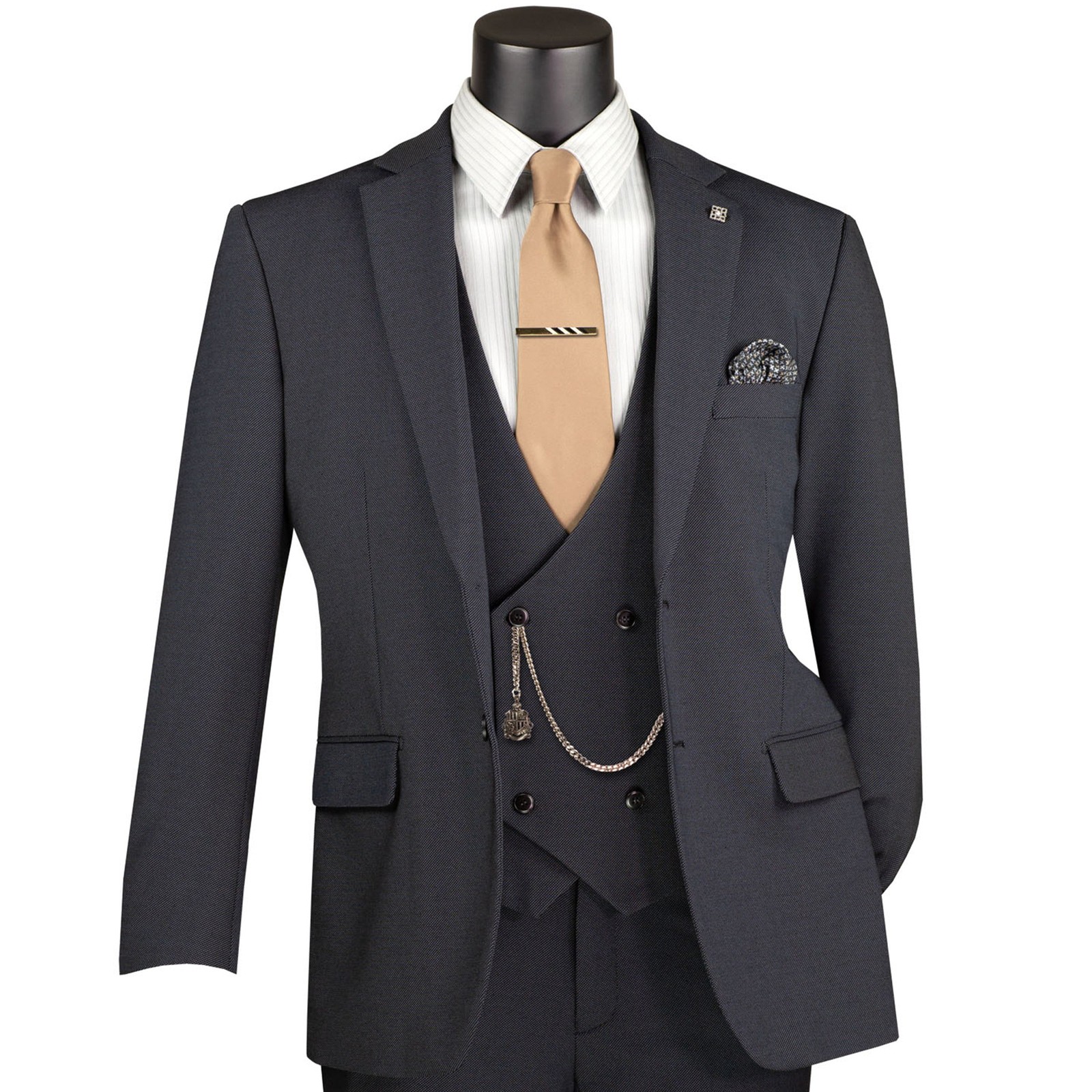 VINCI Men’s Black 3pc Super Stretch Modern Suit w/ Flex Waist – Washable – NEW