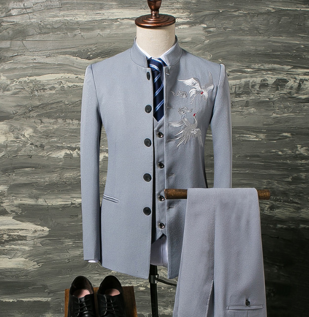 Men’s Chinese Style Tunic Wedding Formal Dress Embroidered 3 PCS Suits Sets