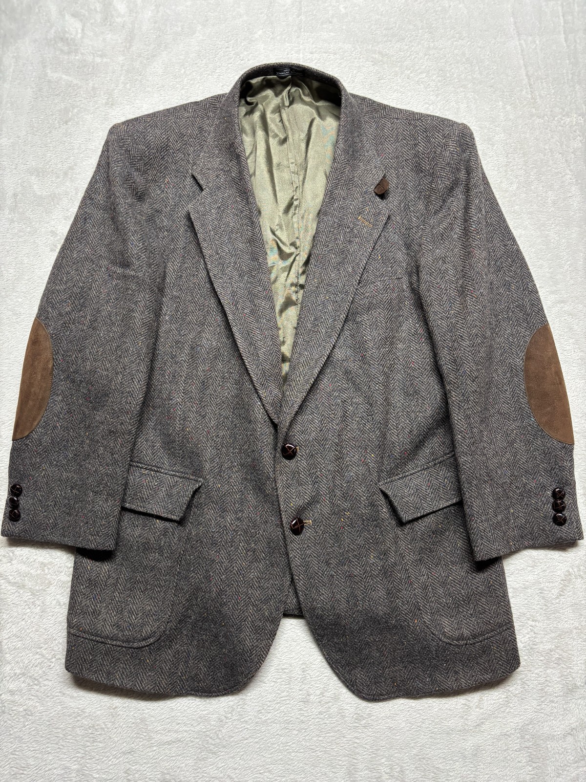 Vintage Barrington Pure Wool Blazer 46R Elbow Patches Herringbone Chin Strap