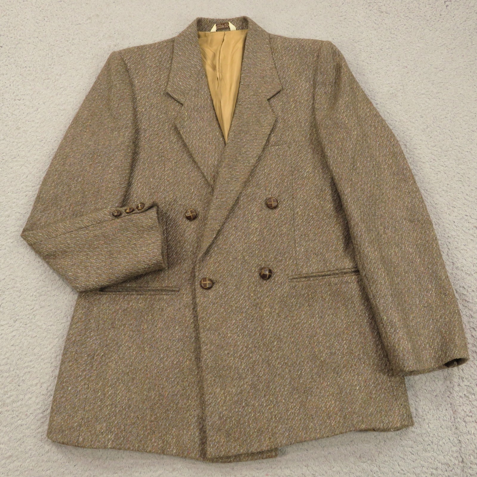 Double Breasted Tweed Blazer 38R Woven Wooden 4 Button Sport Coat Jacket Men VTG