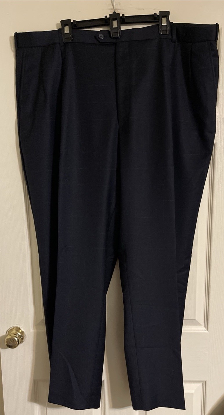 Montefino Uomo Suit Men’s 52L 2Pc Navy Blue Windowpane 100% Merino Wool 3-Button