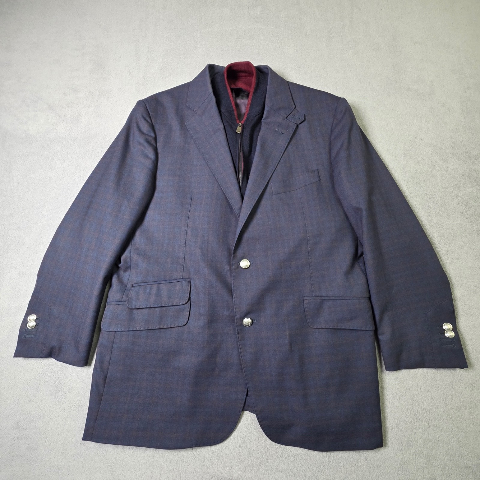 Corneliani ID Blazer Mens Blue Plaid Full Zip Button Virgin Wool Extra Fine IT54