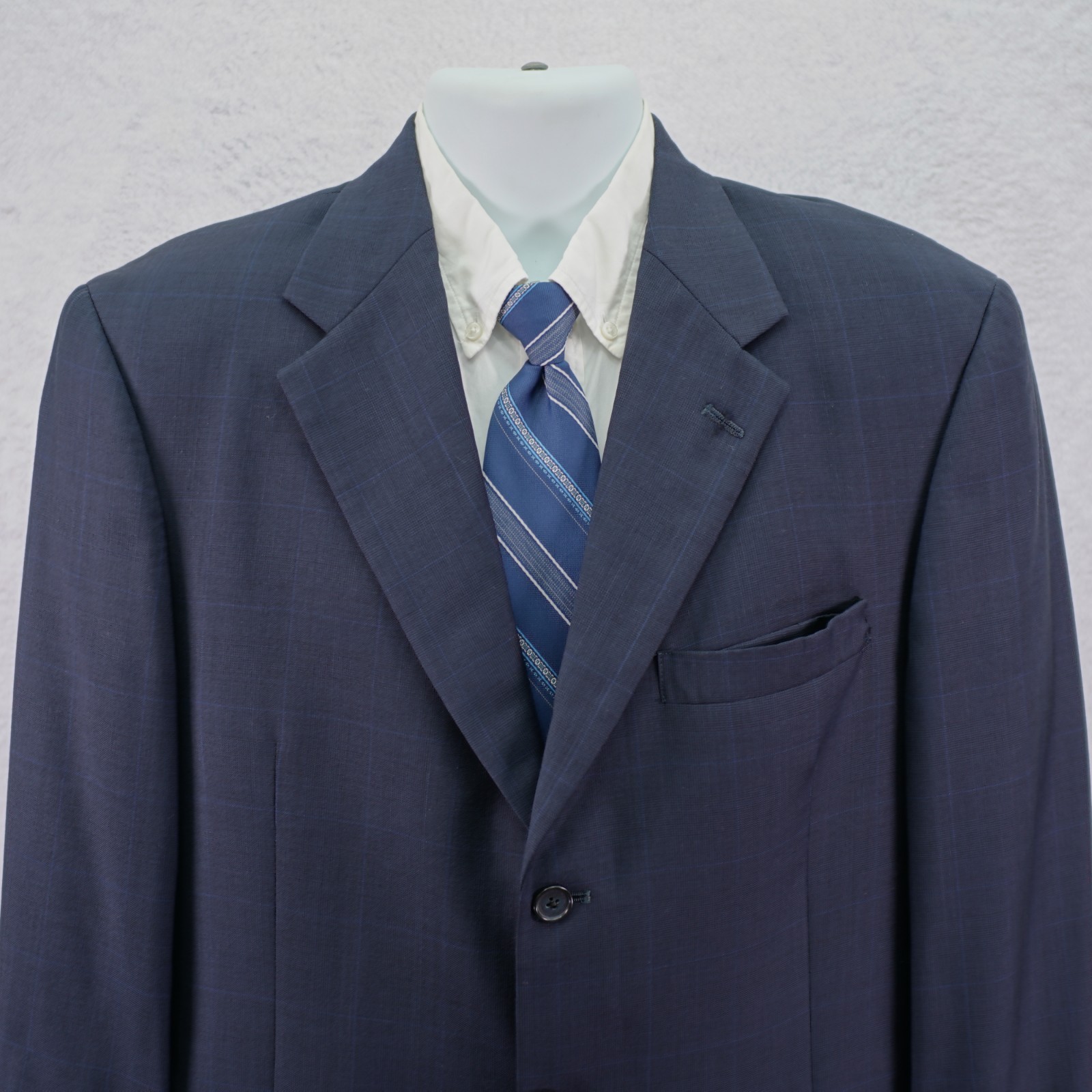 DAMAGED Austin Reed London Wool Blazer Blue Plaid Windowpane 42R 3 Button