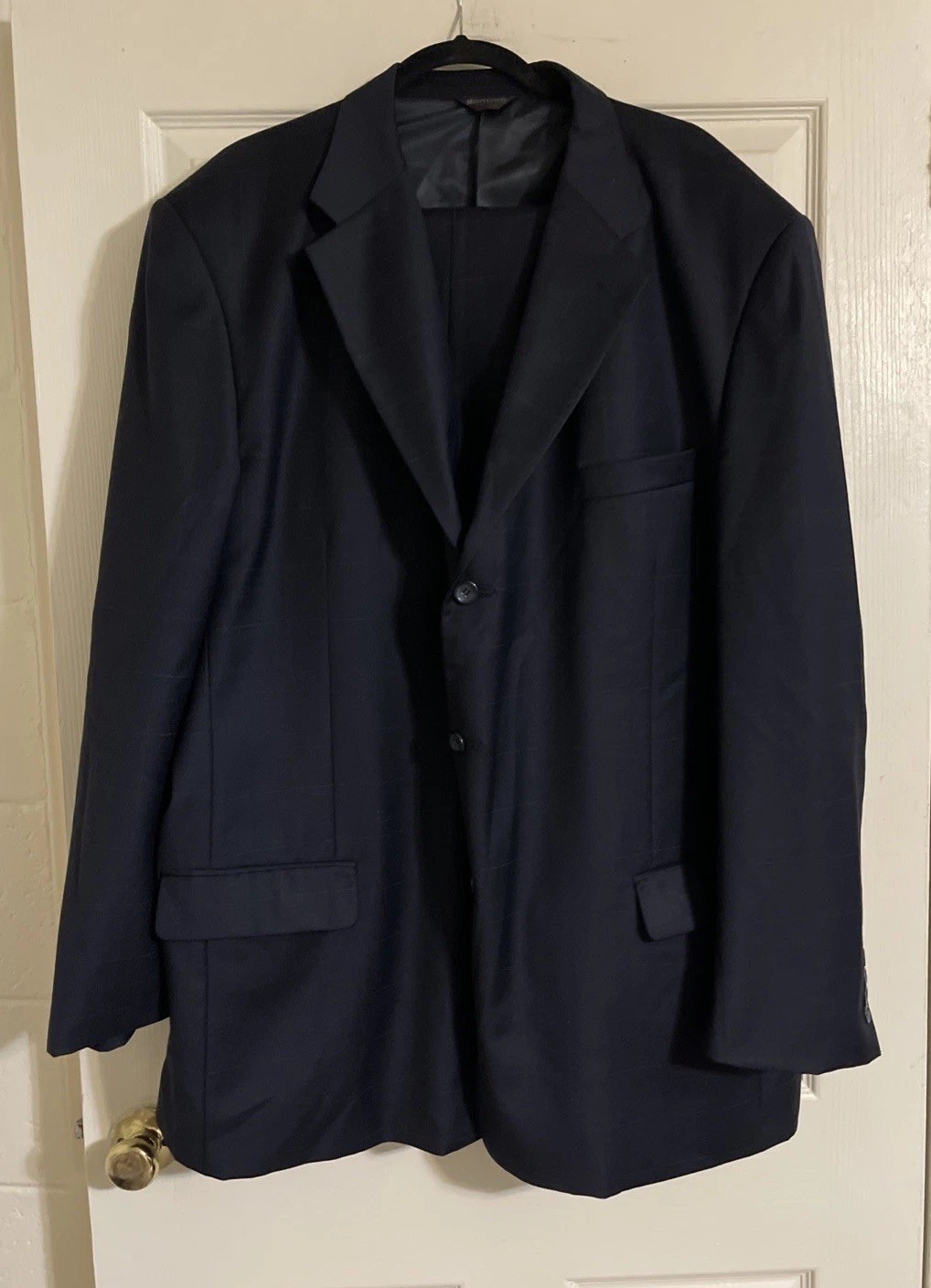 Montefino Uomo Suit Men’s 52L 2Pc Navy Blue Windowpane 100% Merino Wool 3-Button