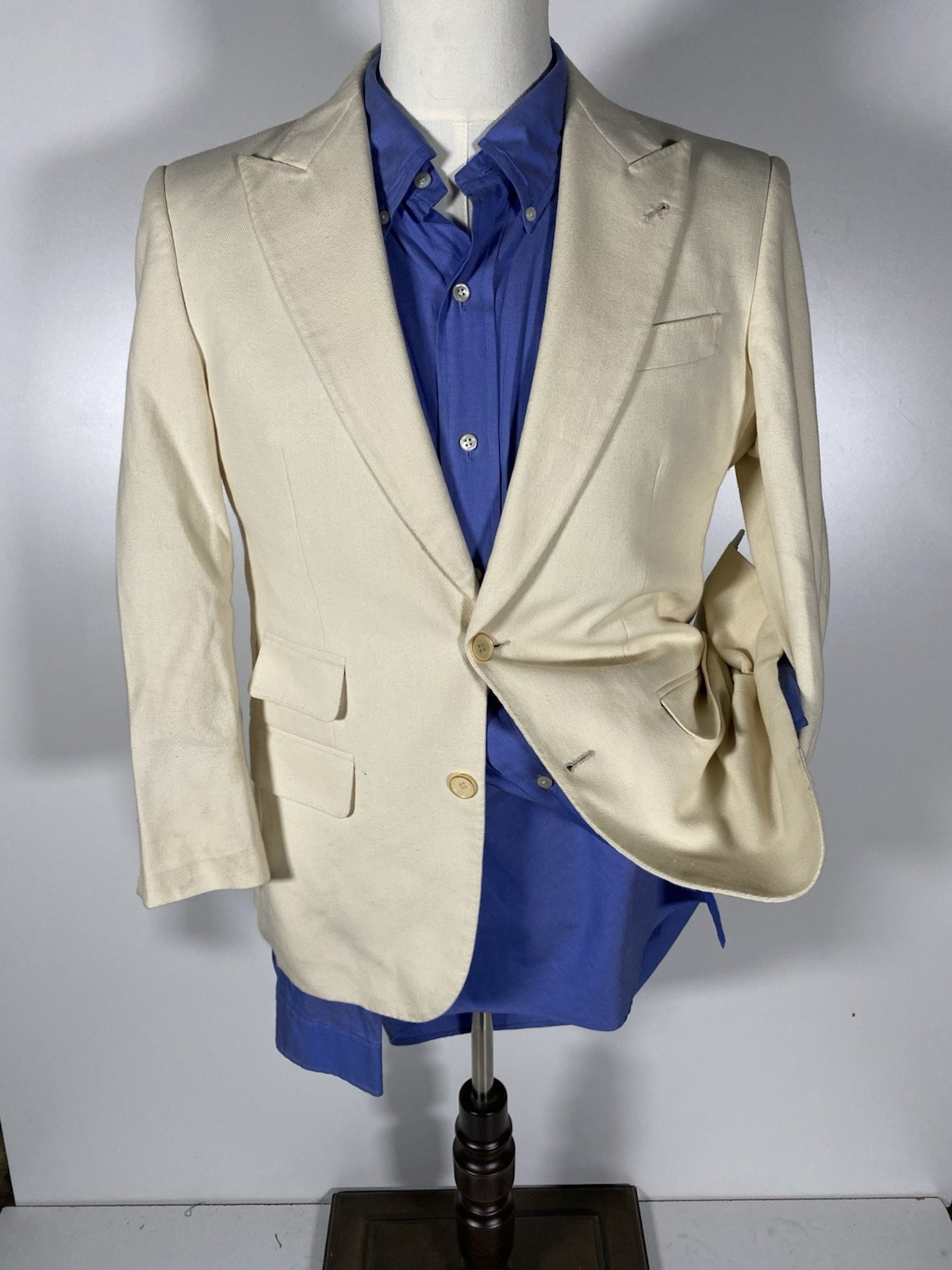 Bespoke Y2 36S W34 2 Peice Ivory Cream Denim Peak Lapel Suit Jacket Pants rrl