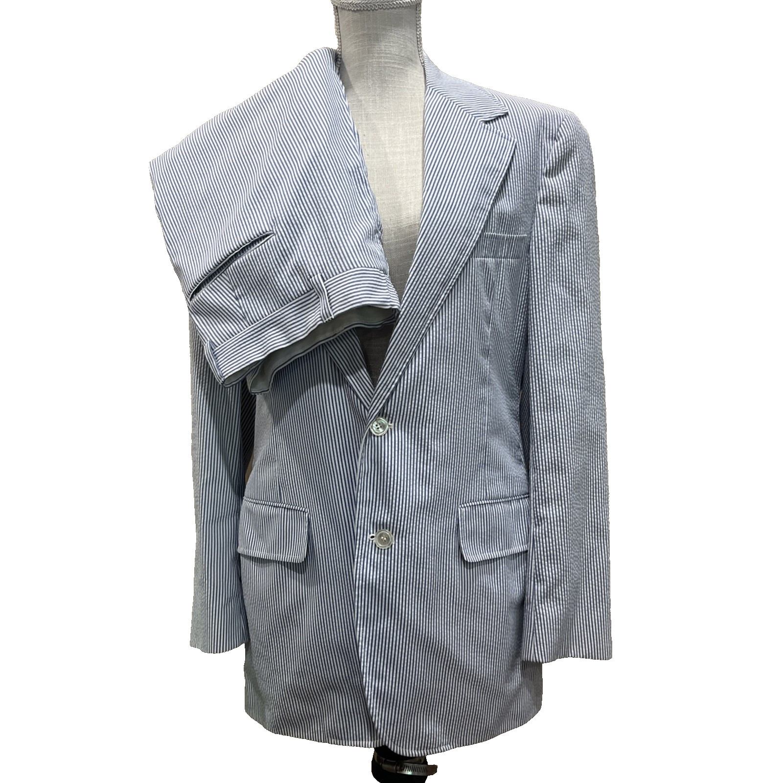 Vtg 70s Haspel Seersucker Suit 2pc Stripe Men 38R 35×31 White Blue Cotton Preppy