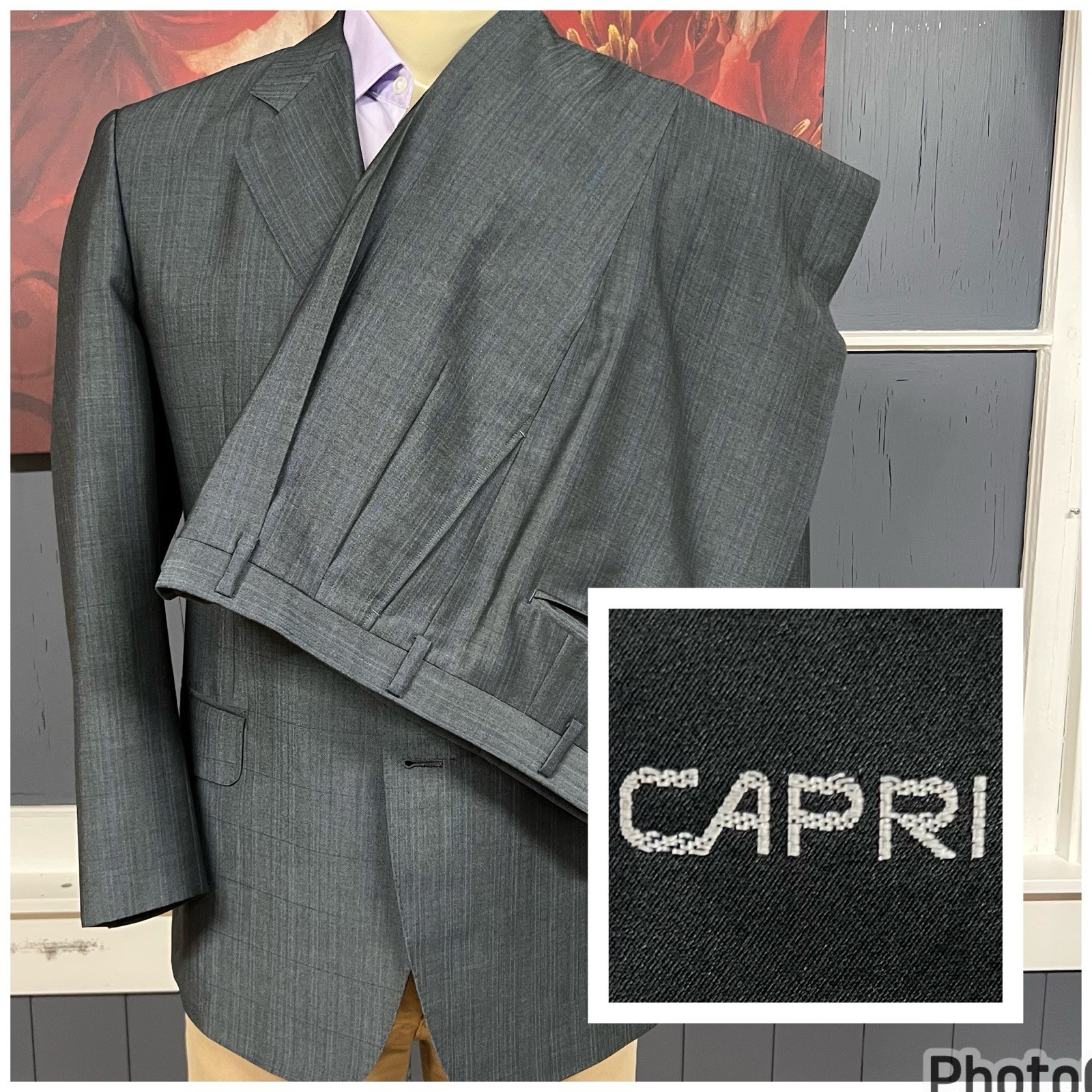 Custom Capri Suit Mens 40S Short Cuffed Pleated 32×30 Green/Blue/Gray Kid Mohair