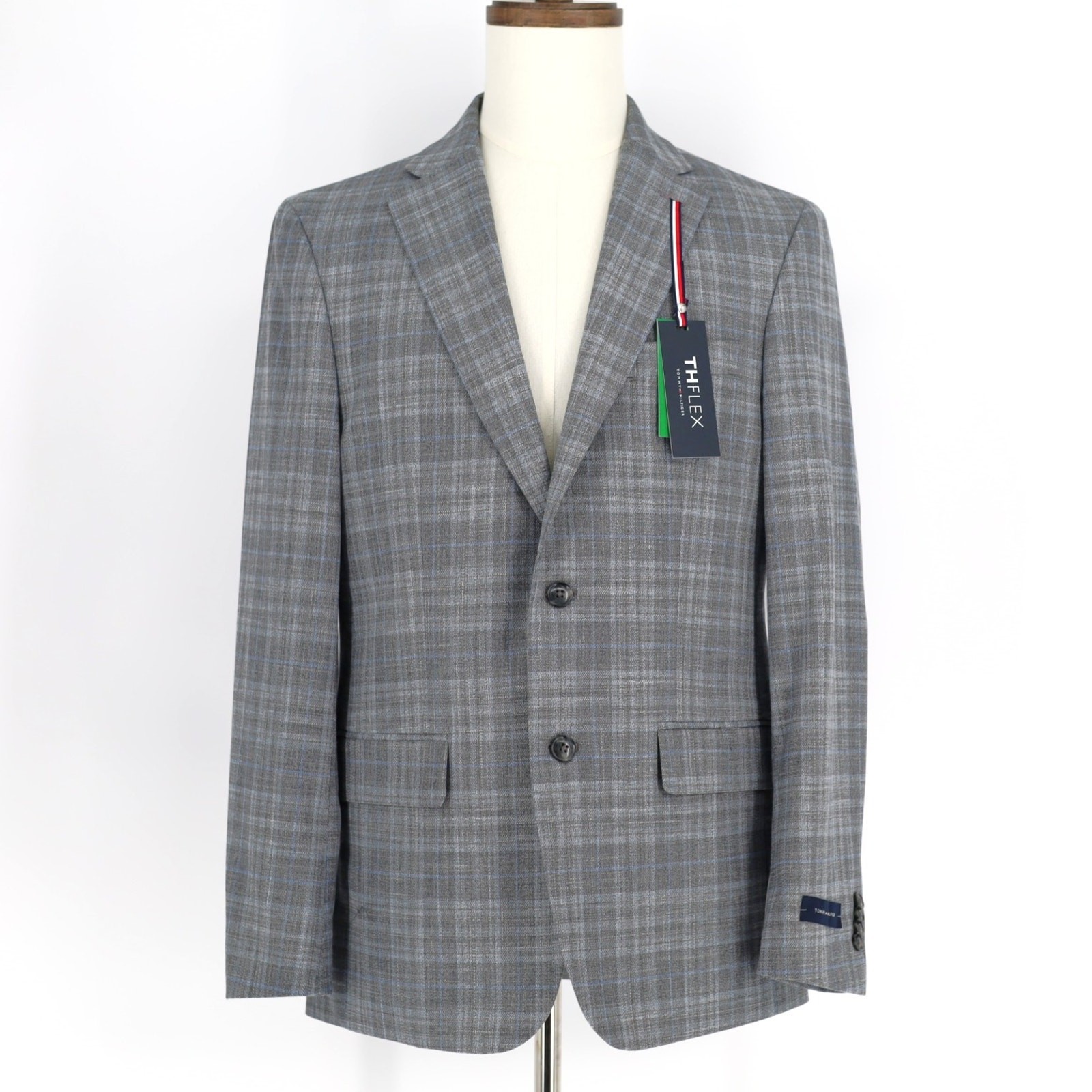 Tommy Hilfiger Men’s Grey/Blue Plaid Conrad Modern-Fit Suit Blazer Size 38R