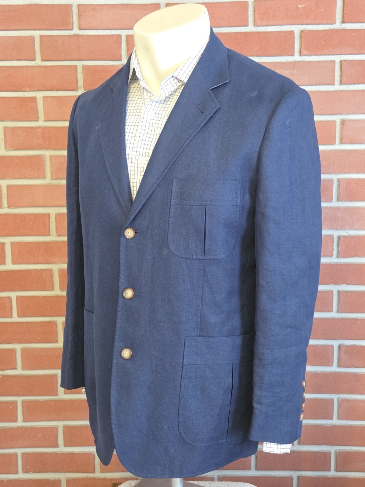 Henry Jacobson Linen Mens Large Spring Summer Navy Blue 3-Button Blazer EUC