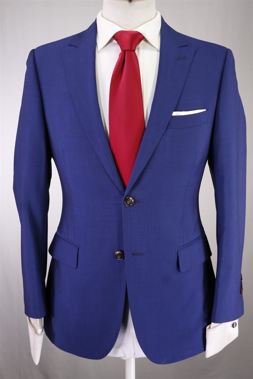 Custom Tailored Bespoke Current Royal Blue 2-Btn Peak Lapel Slim Wool Suit 36S