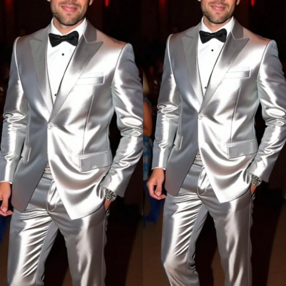 Silver Silk Satin Men Suit Peak Lapel Wedding Groom Prom Formal Tuxedo Blazer
