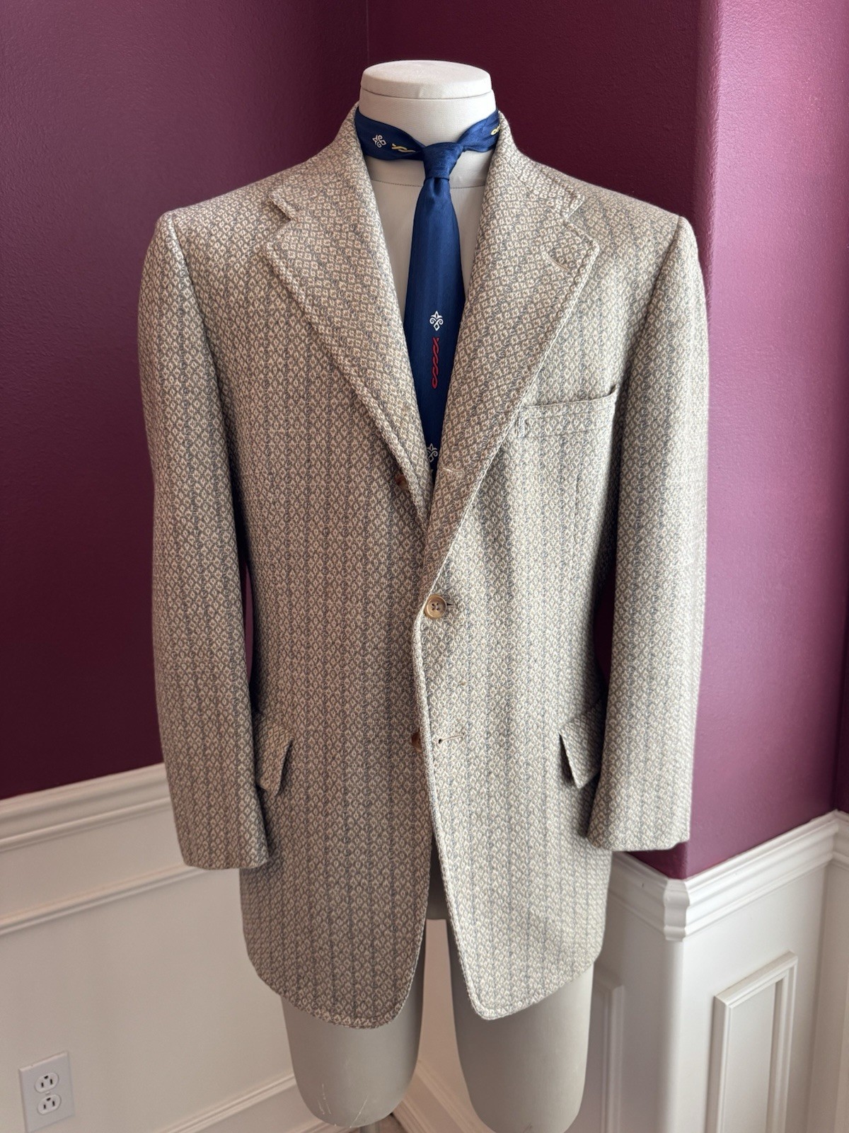 1950s Men’s Geometric Oatmeal Tweed Sport Jacket 42R Hickey Freeman