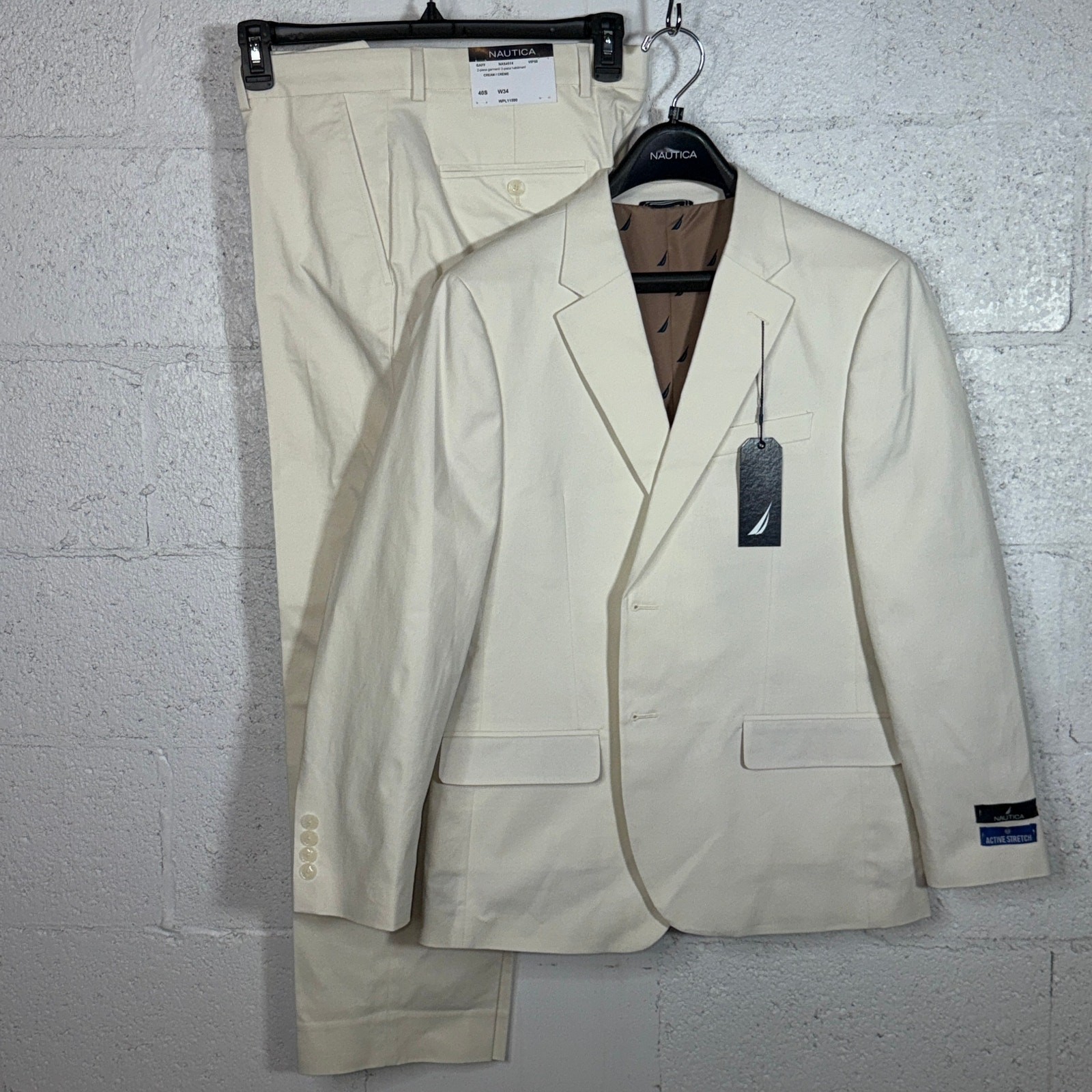 Nautica Men’s Modern-Fit Seasonal Cotton Stretch Suit Solid Cream 40S 34W $395