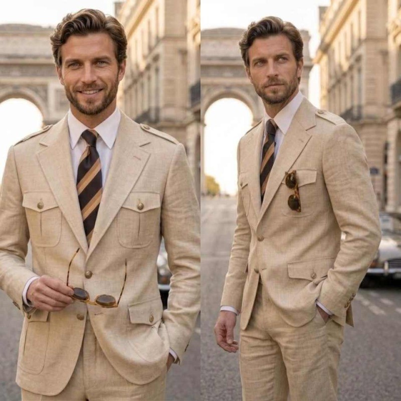 Mens Beige Linen Hunting Suit Multi Pocket Shoulder Strap Jacket Trousers Set