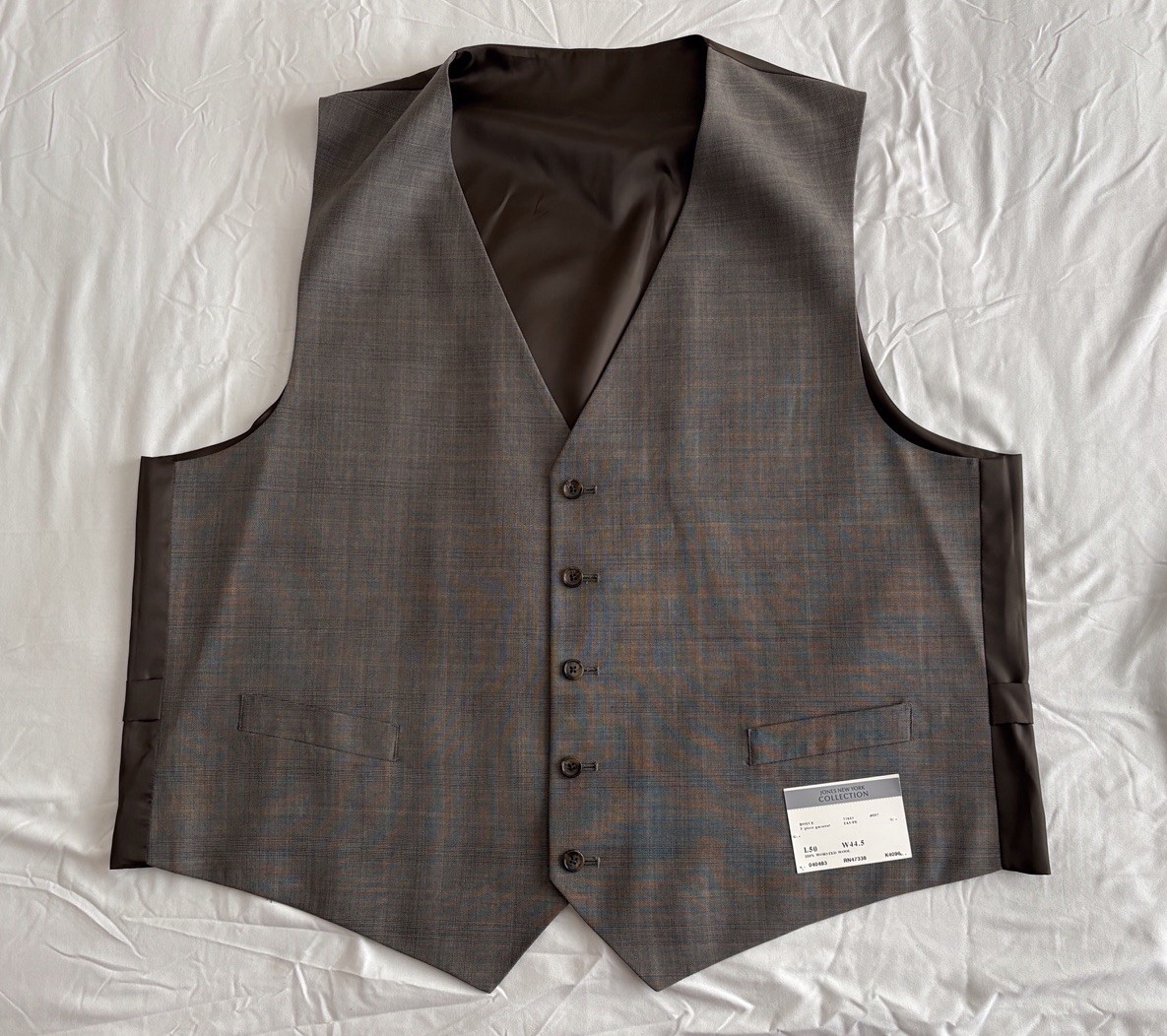Men’s Wool Suit Vest Taupe Gray Plaid Jones New York Adj Back Traditional NWT